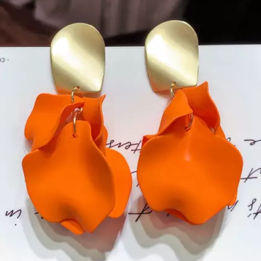 Rose petal dangle earrings gold and bright orange
